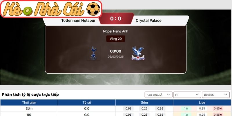 Kèo châu Á trận Tottenham Hotspur vs Crystal Palace (03:00 06-03, Ngoại hạng Anh)