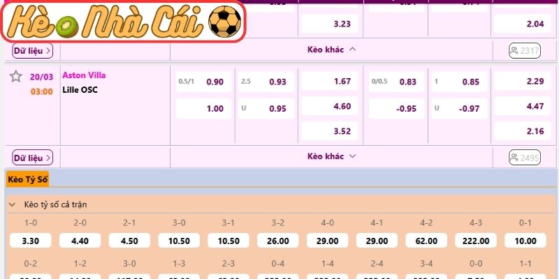 Kèo châu Á trận Aston Villa vs Lille OSC (03:00 20-03, C2)